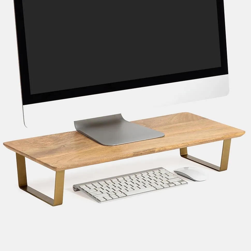 Mango Wood & Metal Monitor Stand, Up to 32" Monitor, and Gold (MS-MNG-06GLD) | Anji Mountain Best