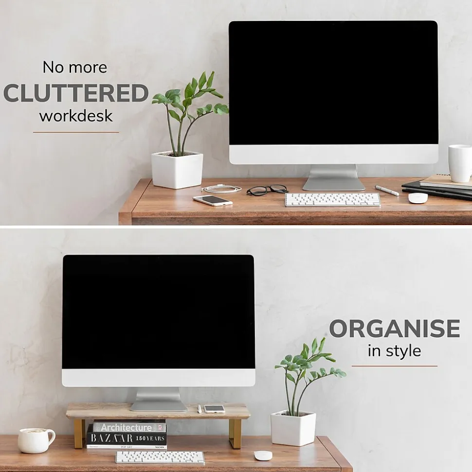 Mango Wood & Metal Monitor Stand, Up to 32" Monitor, and Gold (MS-MNG-06GLD) | Anji Mountain Best