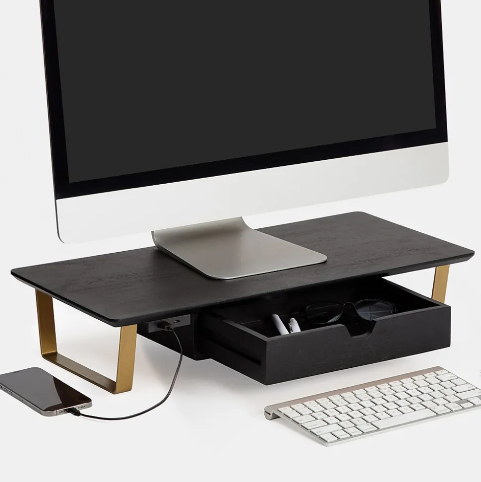 Mango Wood & Metal Monitor Stand with Two USB Ports and Drawer, (MS-BLK-06GLD-PD) | Anji Mountain Flash Sale
