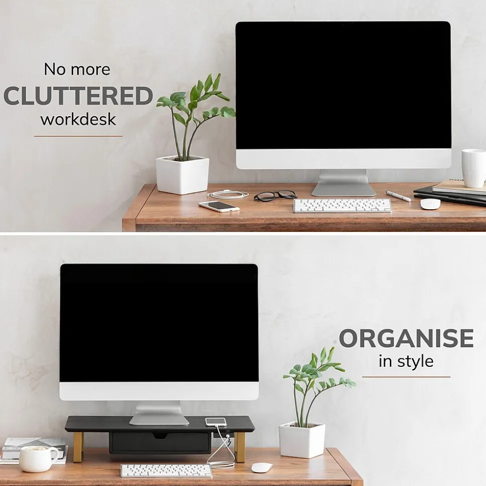 Mango Wood & Metal Monitor Stand with Two USB Ports and Drawer, (MS-BLK-06GLD-PD) | Anji Mountain Flash Sale