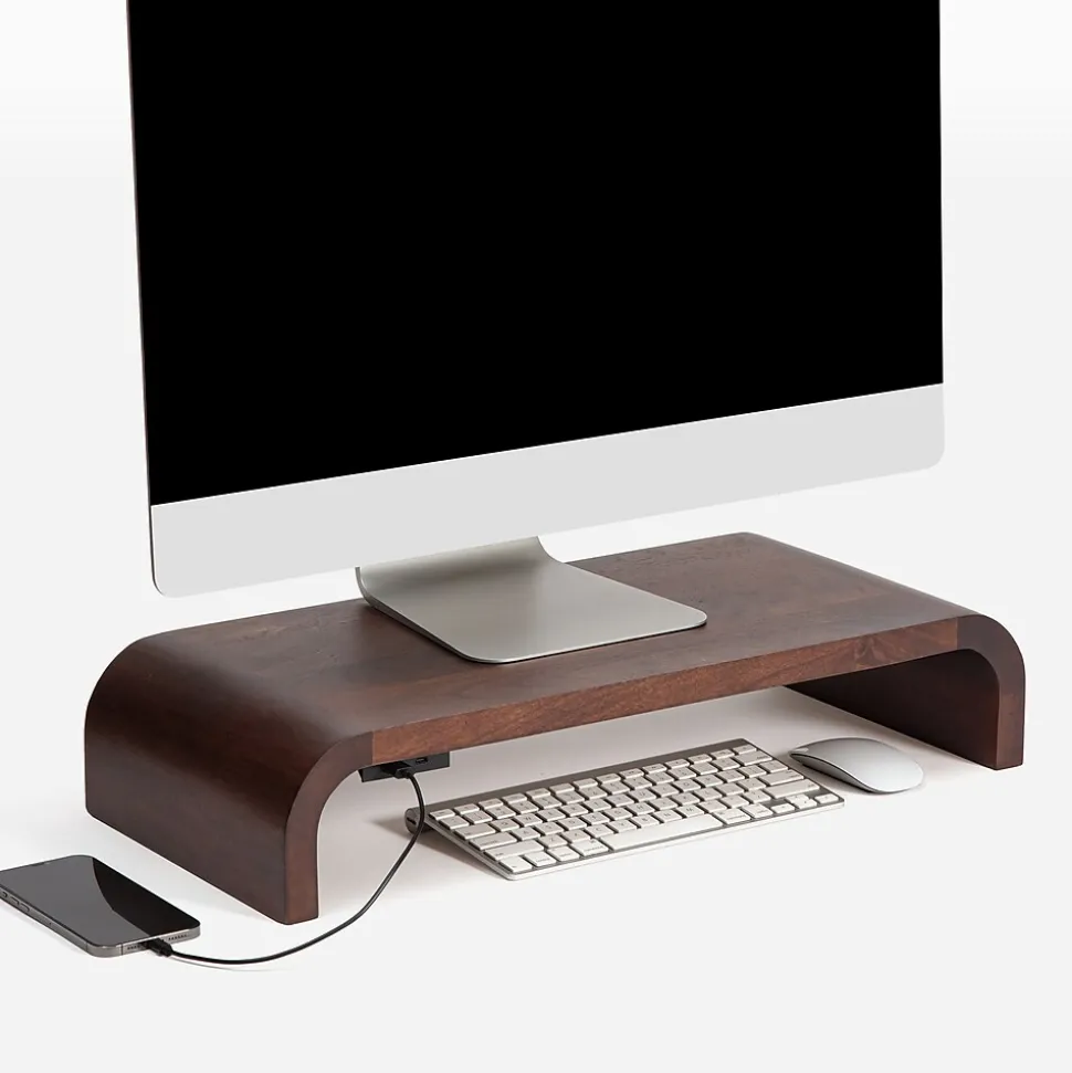 Mango Wood Monitor Stand with Two USB Ports, Up to 32" Monitor, (MS-CRV-WAL-P) | Anji Mountain Fashion
