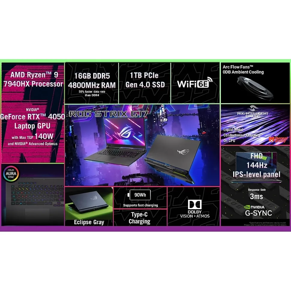 ROG Strix G17 17.3" FHD 144Hz Gaming Laptop, Nvidia GeForce RTX 4050, AMD Ryzen 9-7940HX, 16GB RAM, 1TB SSD, Windows 11 | Asus Hot