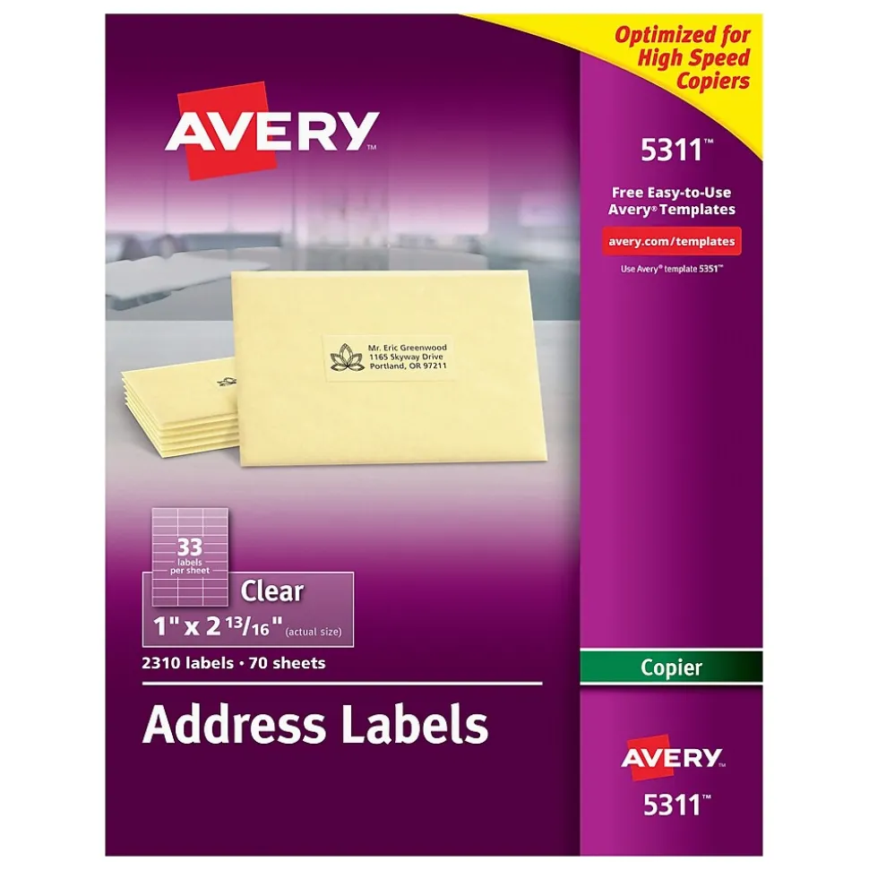 Address Labels for Copiers, 1" x 2-13/16", Clear, 2,310 Labels/Pack (5311) | Avery New