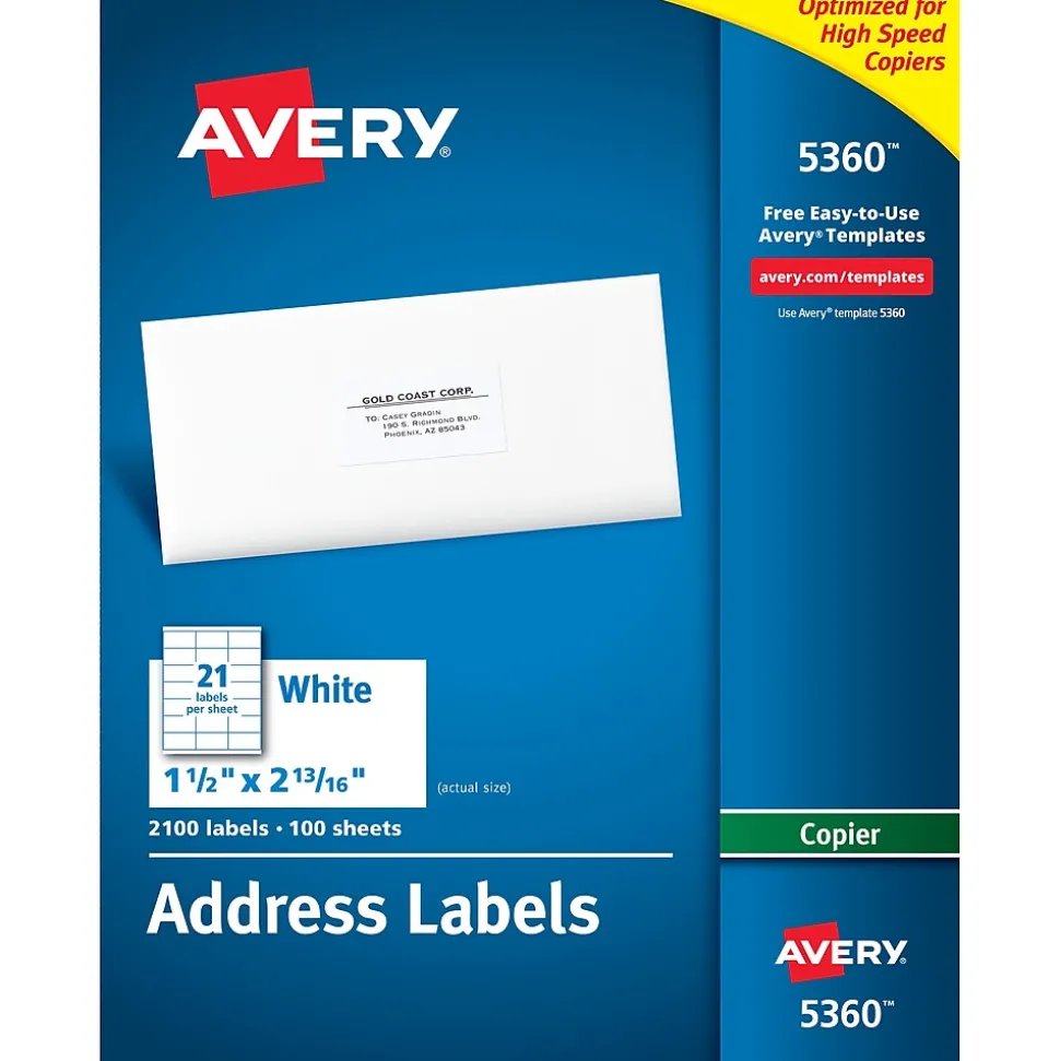 Copier Address Labels, 1 1/2" x 2-13/16", White, 2,100 Labels/Box (5360) | Avery Cheap