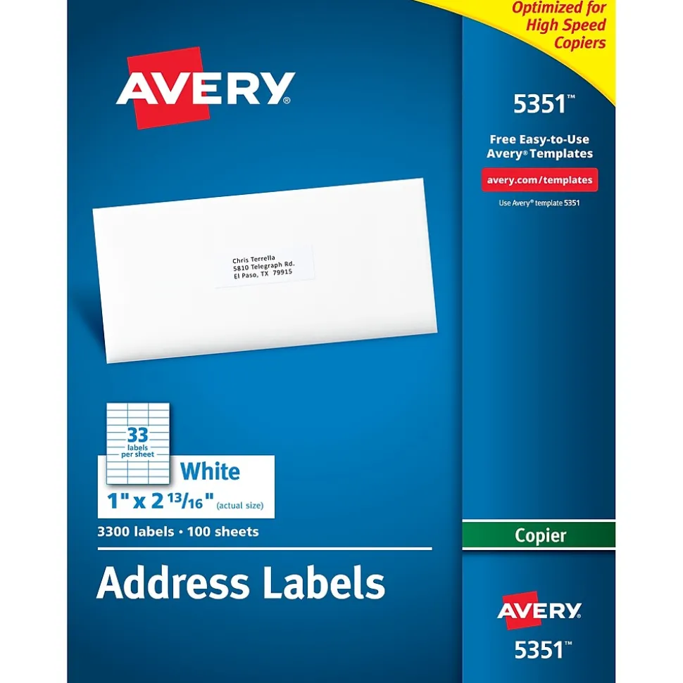 Copier Address Labels, 1" x 2-13/16", White, 3300 Labels/Box (5351) | Avery Best Sale