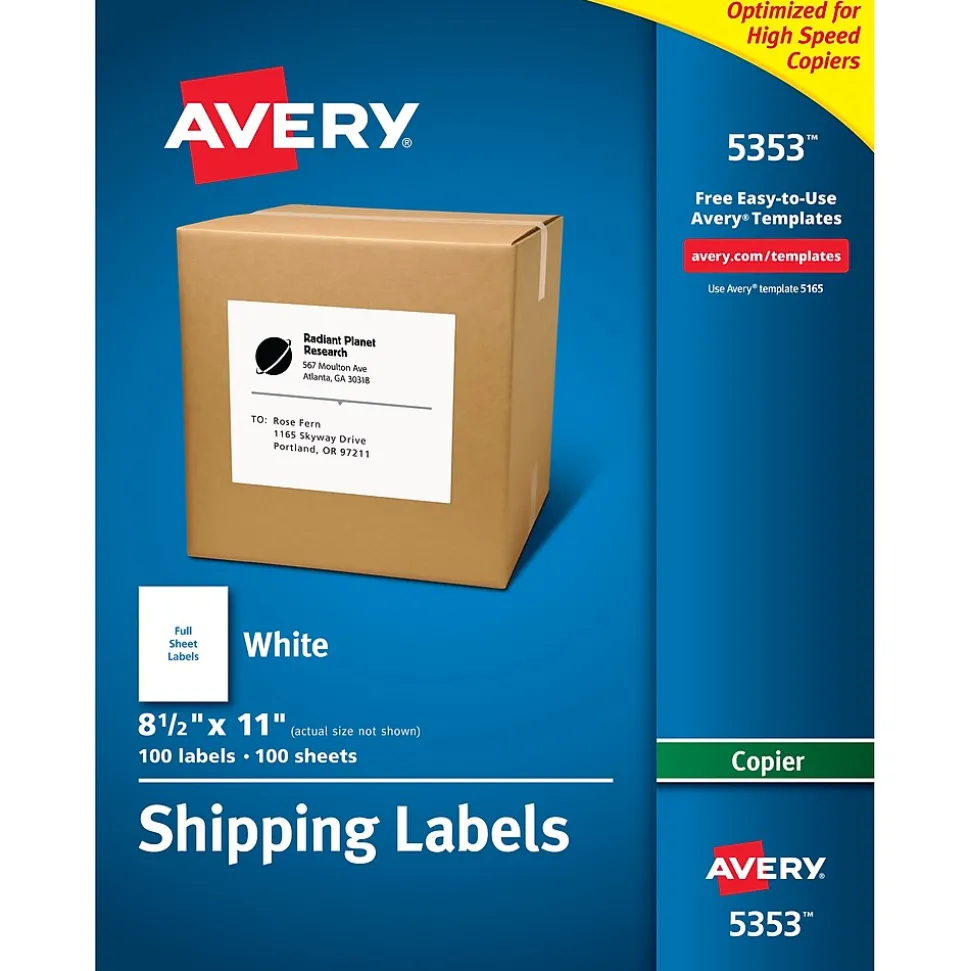 Copier Shipping Labels, 8-1/2" x 11", White, 100 Labels/Box (5353) | Avery Shop