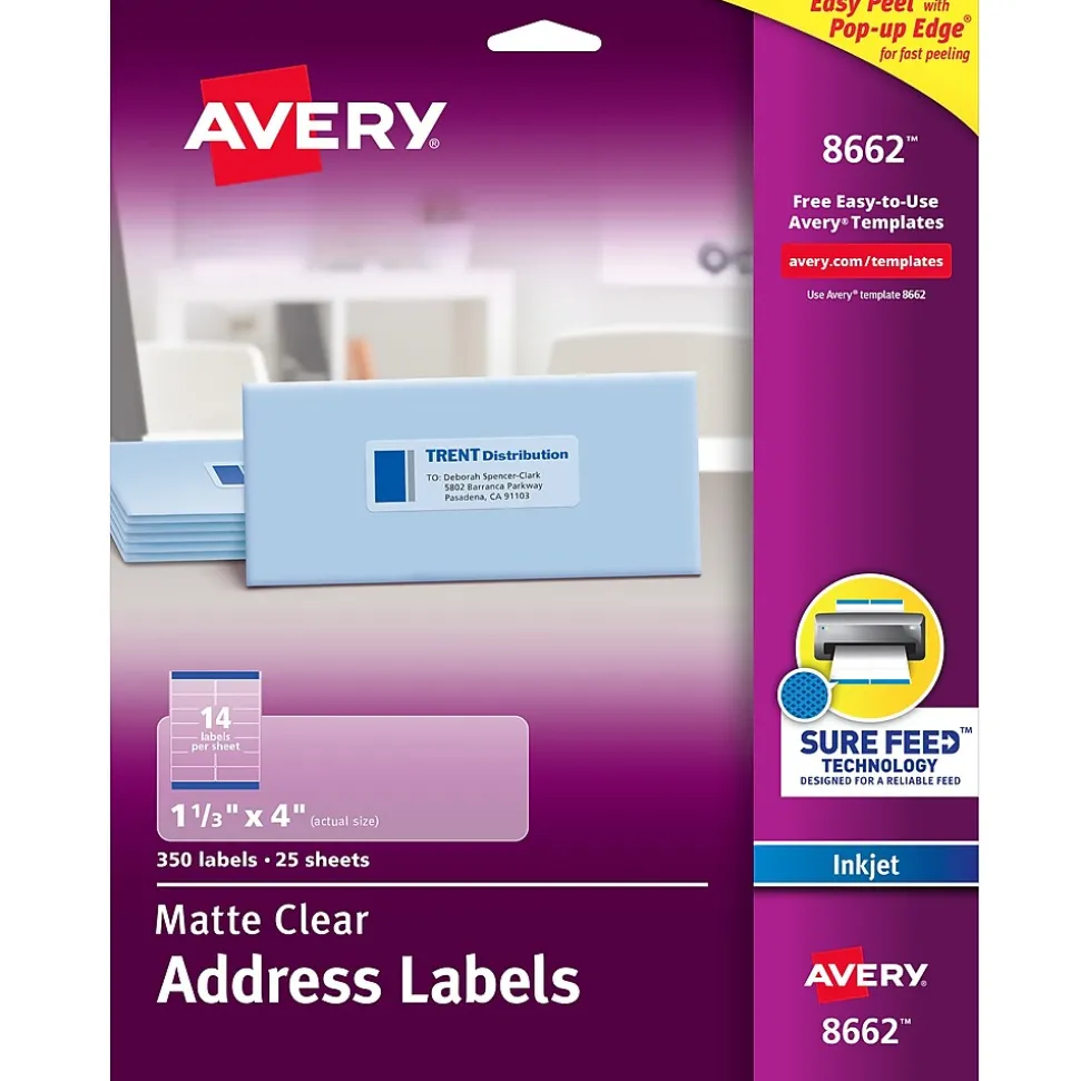 Easy Peel Inkjet Address Labels, 1-1/3" x 4", Clear, 350 Labels/Pack (8662) | Avery Cheap