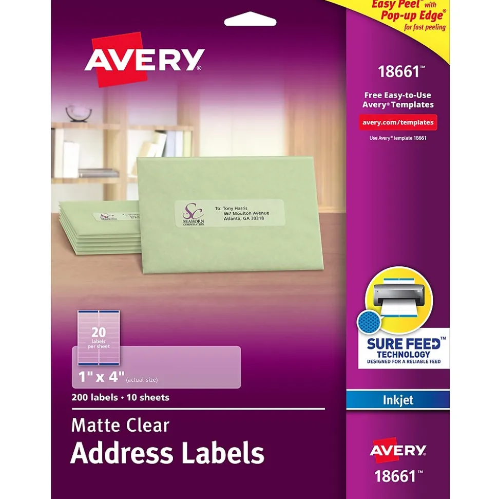 Easy Peel Inkjet Address Labels, 1" x 4", Clear, 200 Labels/Pack (18661) | Avery Outlet