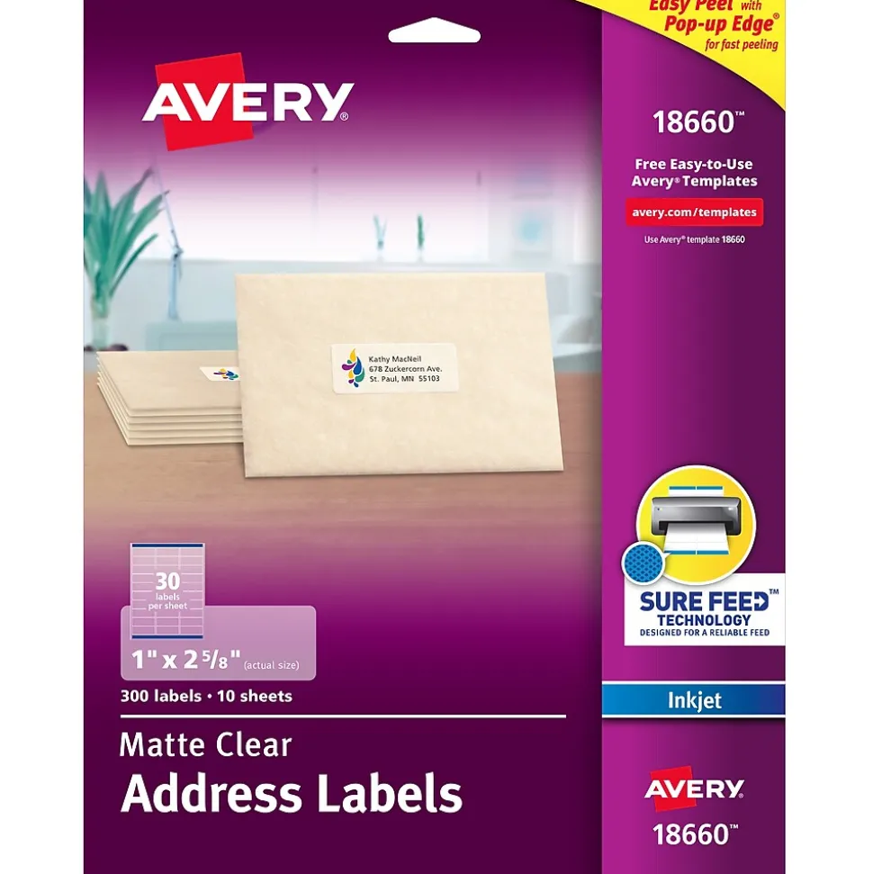 Easy Peel Inkjet Address Labels, 1" x 2-5/8", Clear, 300 Labels/Pack (18660) | Avery Online