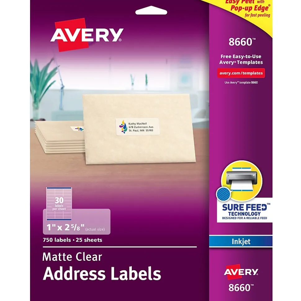 Easy Peel Inkjet Address Labels, 1" x 2-5/8", Clear, 750 Labels/Pack (8660) | Avery Cheap