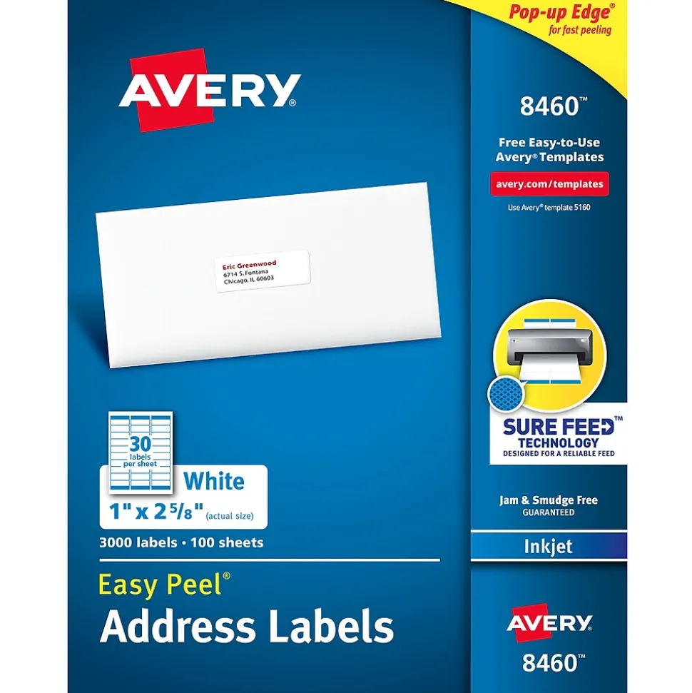 Easy Peel Inkjet Address Labels, 1" x 2-5/8", White, 3,000 Labels/Box (8460) | Avery Cheap