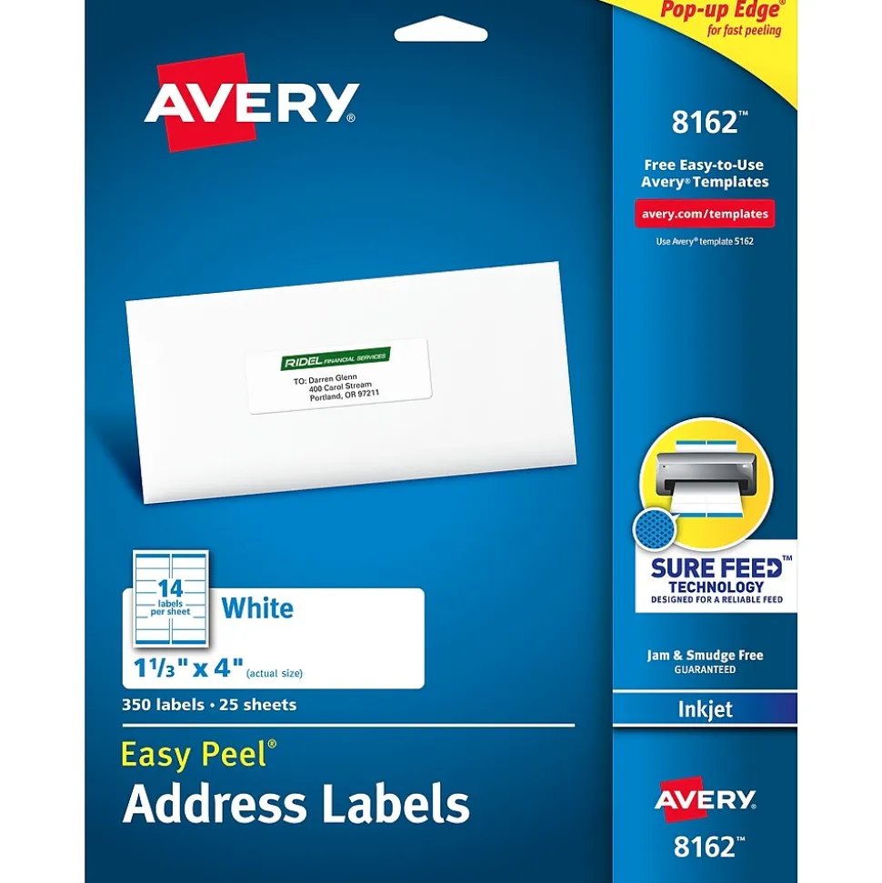 Easy Peel Inkjet Address Labels, 1-1/3" x 4", White, 350 Labels/Pack (8162) | Avery Best Sale