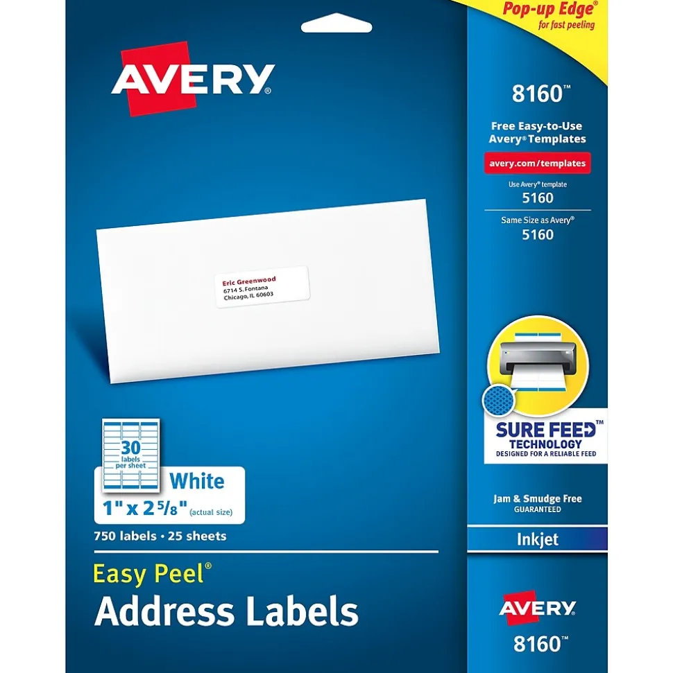 Easy Peel Inkjet Address Labels, 1" x 2-5/8", White, 750 Labels/Pack (8160) | Avery Online