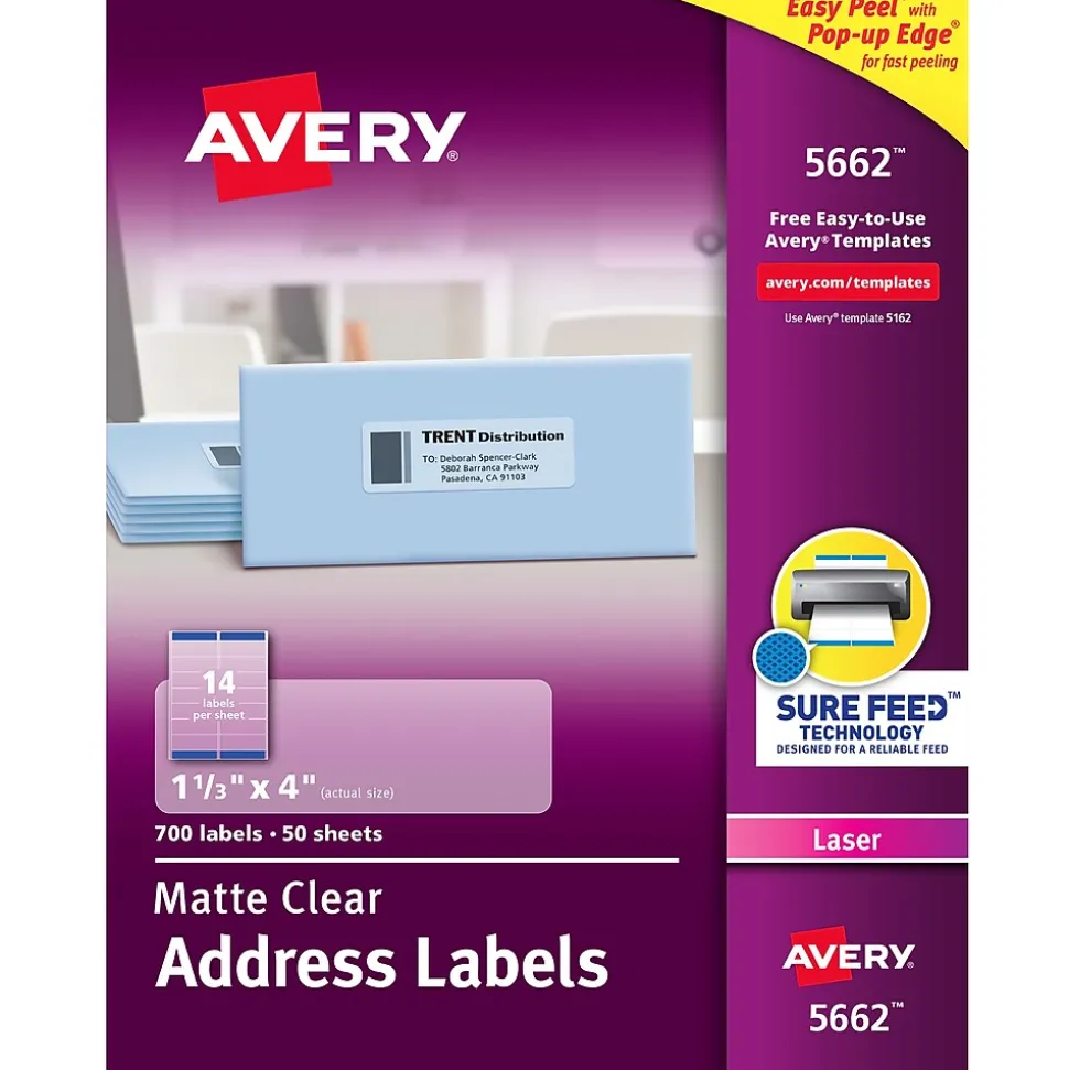 Easy Peel Laser Address Labels, 1-1/3" x 4", Clear, 700 Labels/Box (5662) | Avery Discount