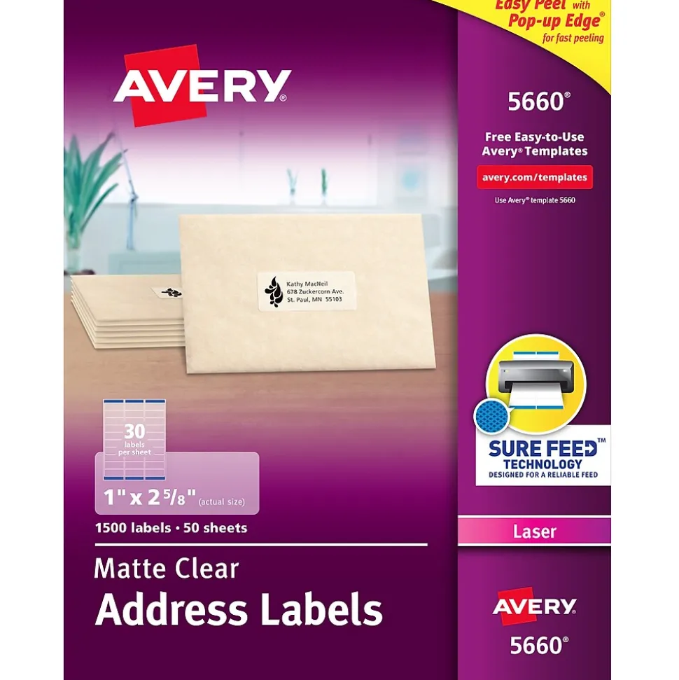 Easy Peel Laser Address Labels, 1" x 2-5/8", Clear, 1,500 Labels/Box (5660) | Avery Sale