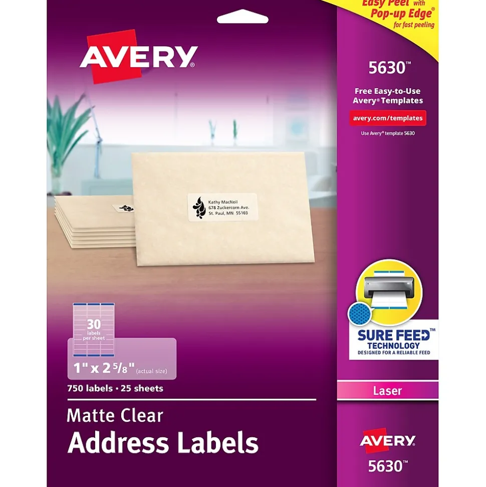 Easy Peel Laser Address Labels, 1" x 2-5/8", Clear, 750 Labels/Pack (5630) | Avery Outlet