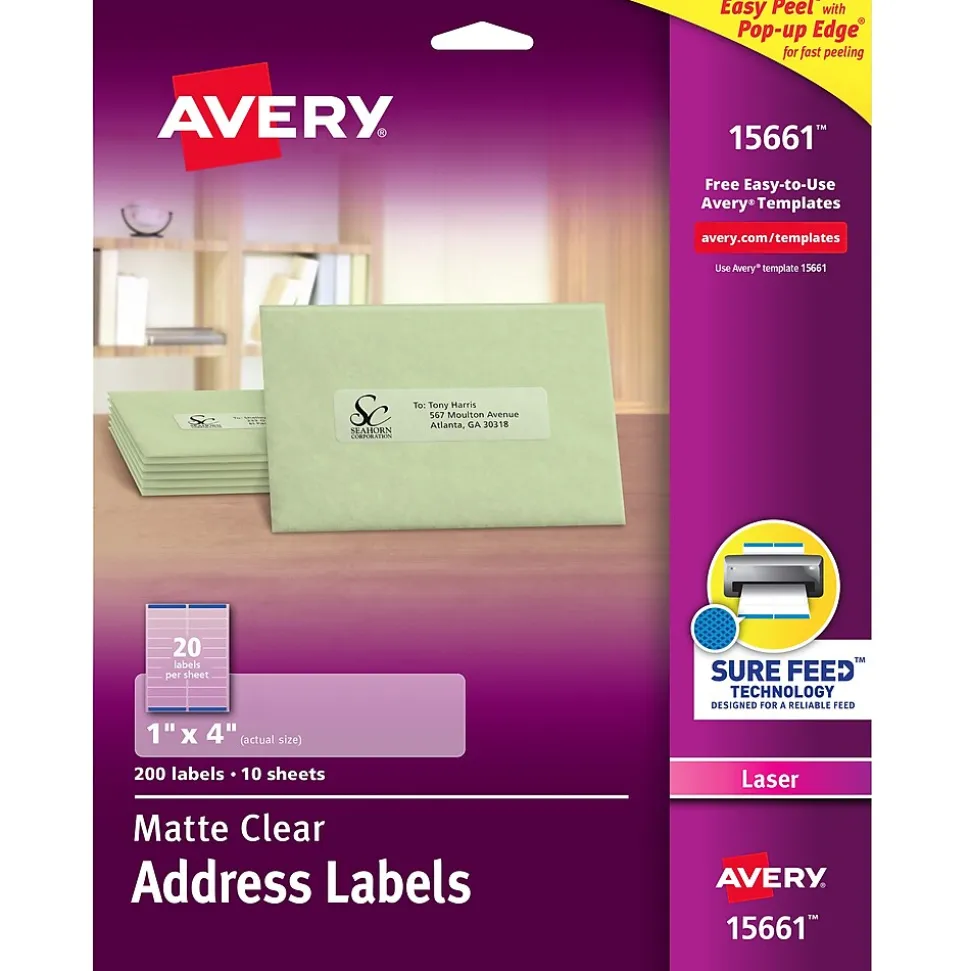 Easy Peel Laser Address Labels, 1" x 4", Clear, 200 Labels/Pack (15661) | Avery Best