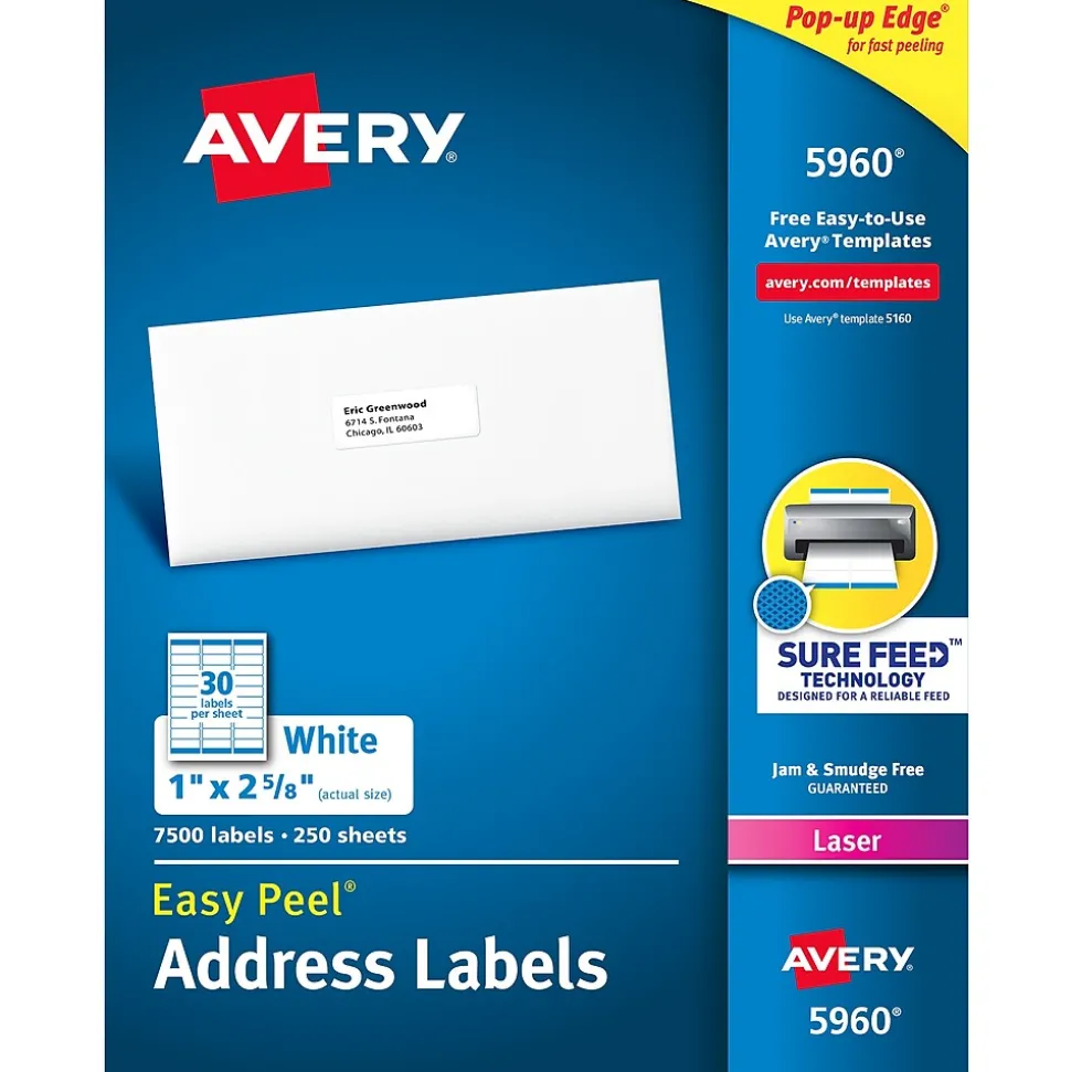 Easy Peel Laser Address Labels, 1" x 2-5/8", White, 7,500 Labels/Box (5960) | Avery Clearance