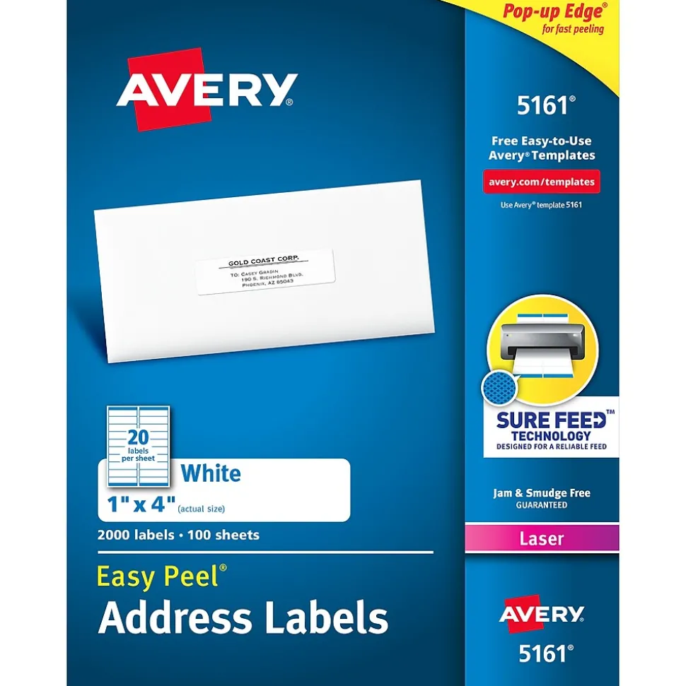 Easy Peel Laser Address Labels, 1" x 4", White, 2,000 Labels/Box (5161) | Avery Outlet