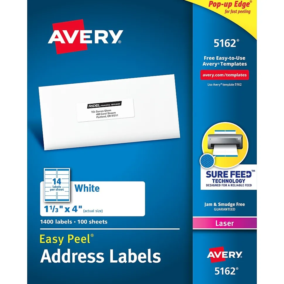 Easy Peel Laser Address Labels, 1-1/3" x 4", White, 1,400 Labels/Box (5162) | Avery Outlet