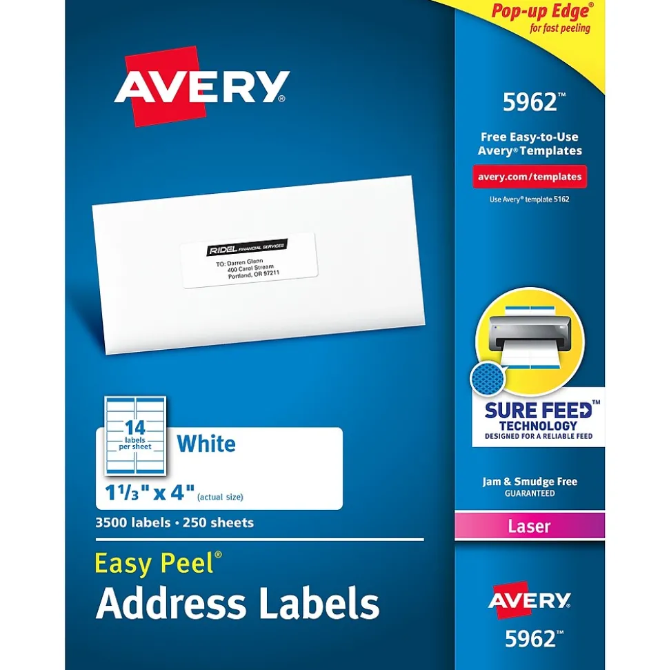 Easy Peel Laser Address Labels, 1-1/3" x 4", White, 3,500 Labels/Box (5962) | Avery Shop