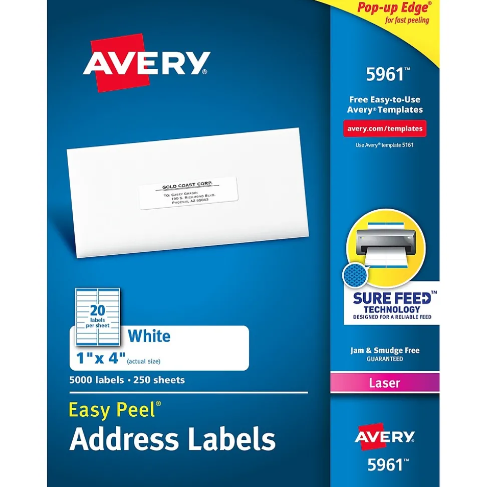 Easy Peel Laser Address Labels, 1" x 4", White, 5,000 Labels/Box (5961) | Avery Sale