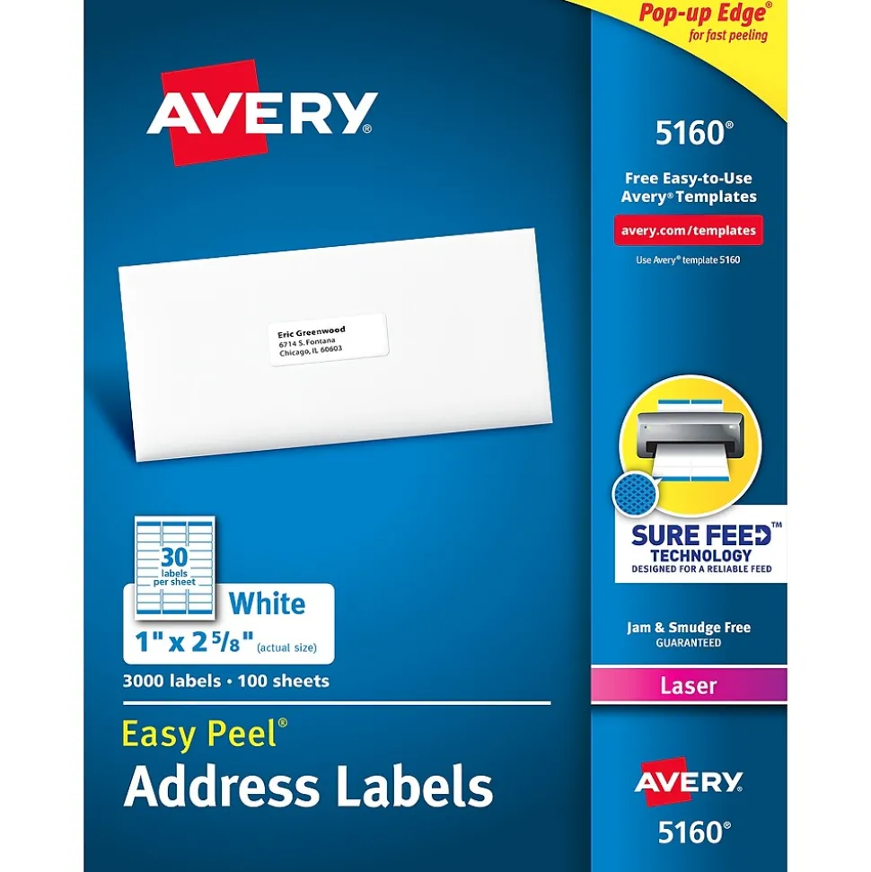 Easy Peel Laser Address Labels, 1" x 2-5/8", White, 3,000 Labels/Box (5160) | Avery Cheap