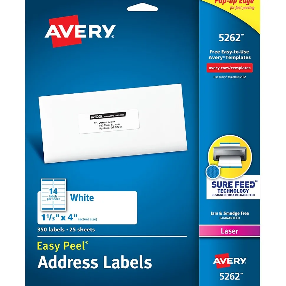 Easy Peel Laser Address Labels, 1-1/3" x 4", White, 350 Labels/Pack (5262) | Avery Clearance