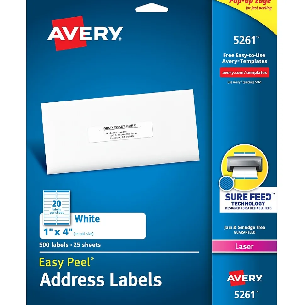 Easy Peel Laser Address Labels, 1" x 4", White, 500 Labels/Pack (5261) | Avery New