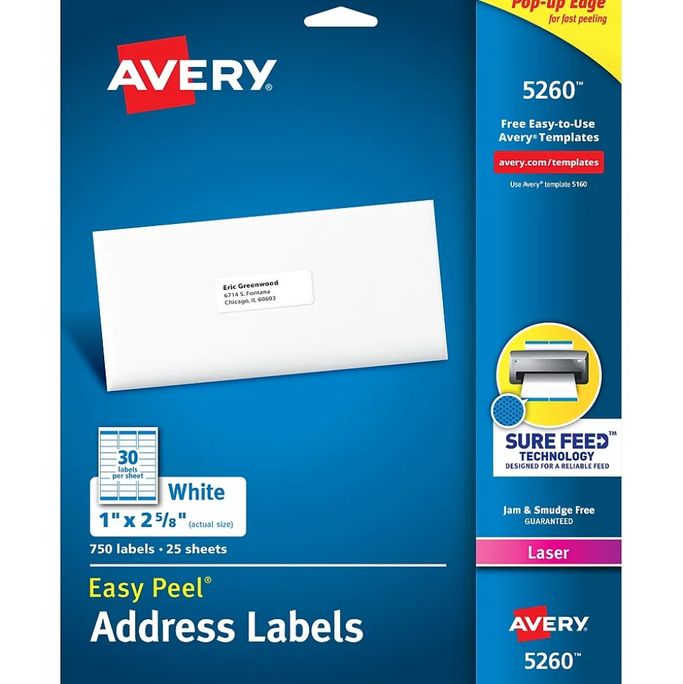 Easy Peel Laser Address Labels, 1" x 2-5/8", White, 750 Labels/Pack (5260) | Avery Discount