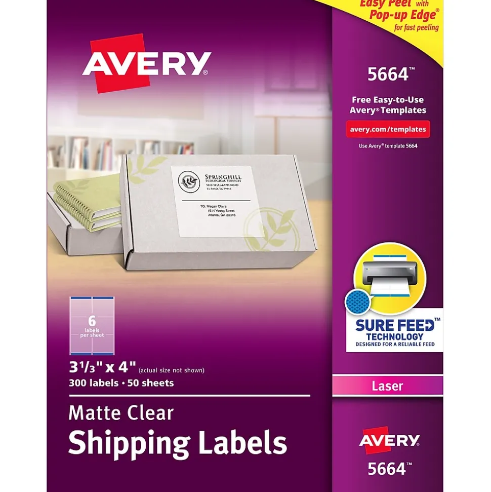 Easy Peel Laser Shipping Labels, 3-1/3" x 4", Clear, 300 Labels/Box (5664) | Avery Outlet