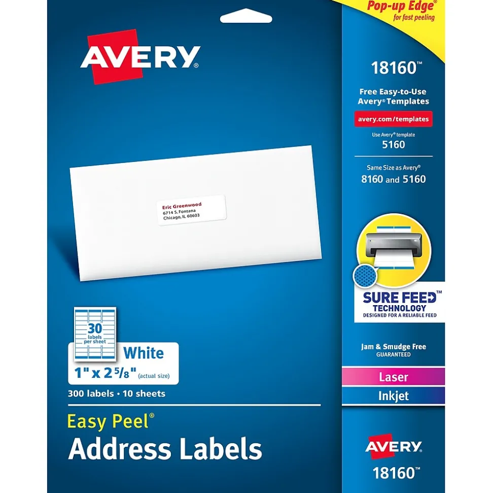 Easy Peel Laser/Inkjet Address Labels, 1" x 2-5/8", White, 300 Labels/Pack (18660) | Avery Hot