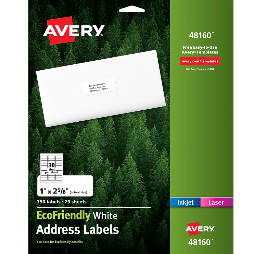 EcoFriendly Laser/Inkjet Address Labels, 1" x 2-5/8", White, 750 Labels/Pack (48160) | Avery Flash Sale