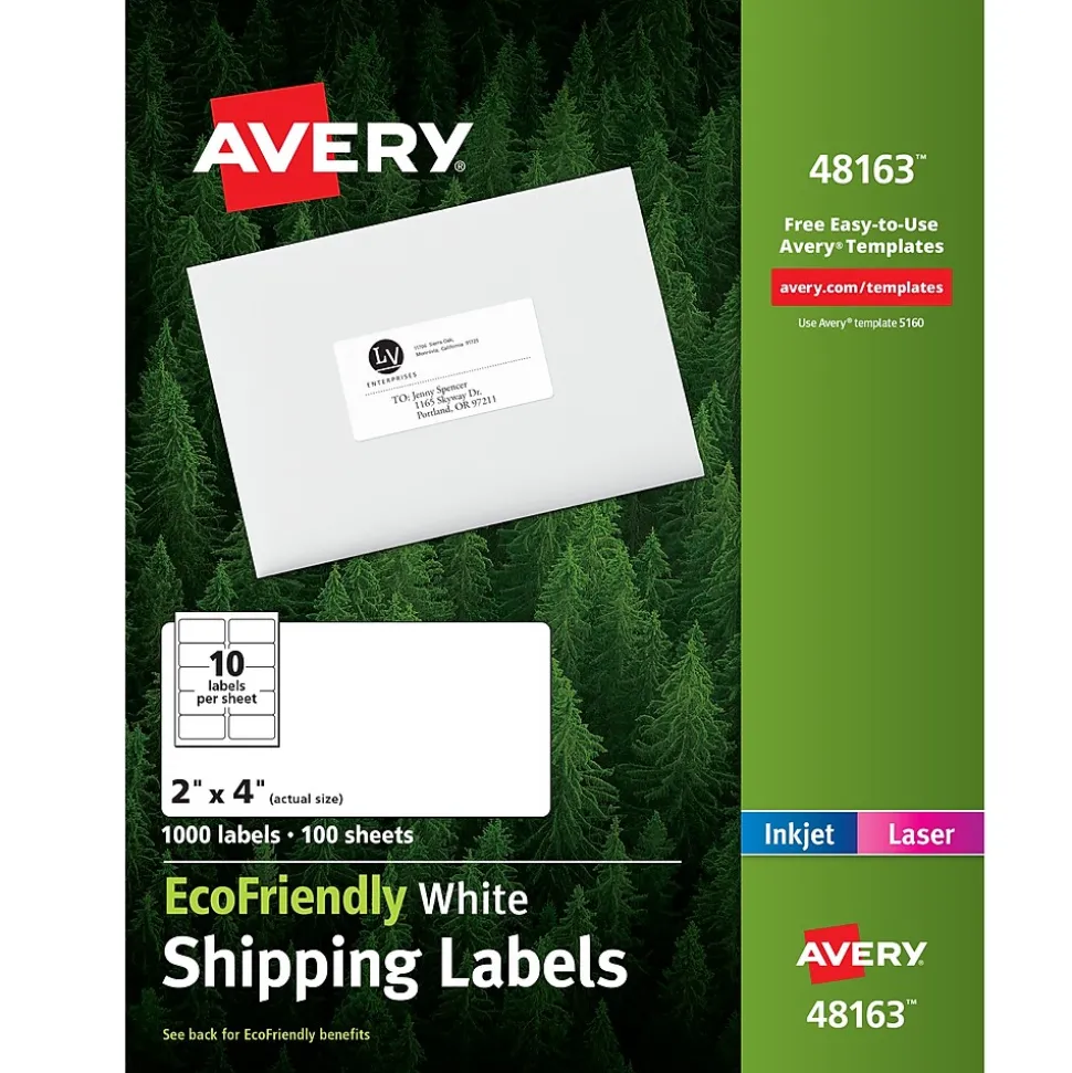 EcoFriendly Laser/Inkjet Shipping Labels, 2" x 4", White, 1,000 Labels/Box (48163) | Avery Outlet