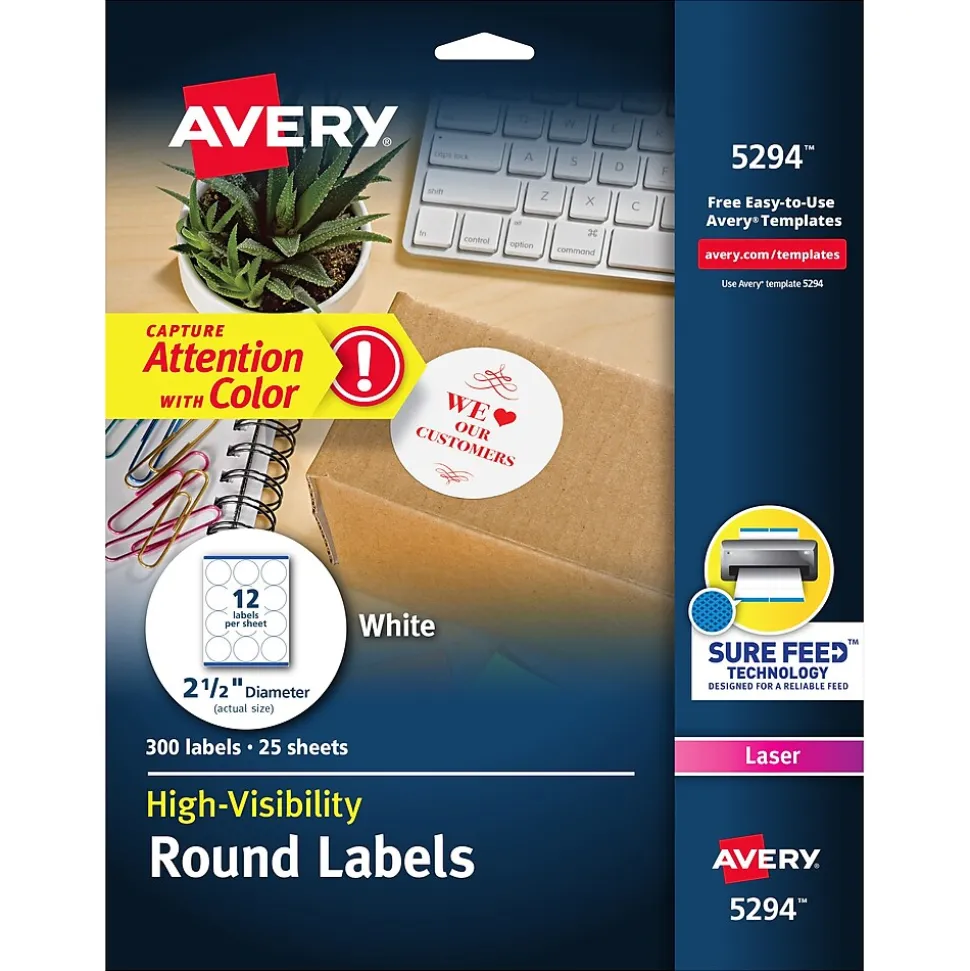 High Visibility Laser Shipping Labels, 2.5"Dia., White, 300/Pack (5294) | Avery Sale