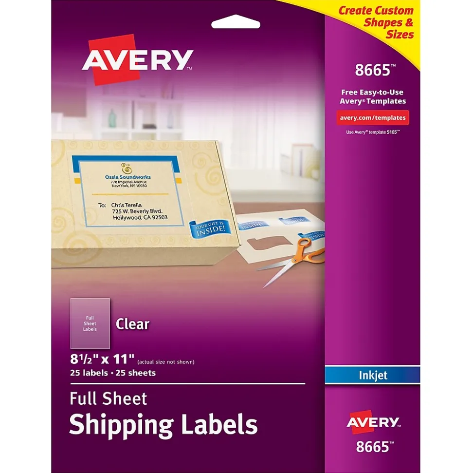 Inkjet Shipping Labels, 8 1/2" x 11", Matte Clear, 25 Labels/Pack (8665) | Avery Shop