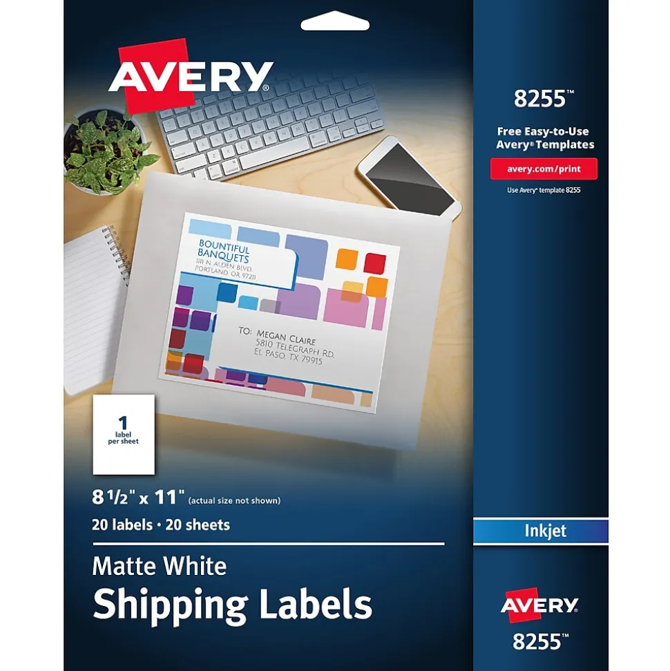 Inkjet Shipping Labels, 8-1/2" x 11", White, 20 Labels/Pack (8255) | Avery Online