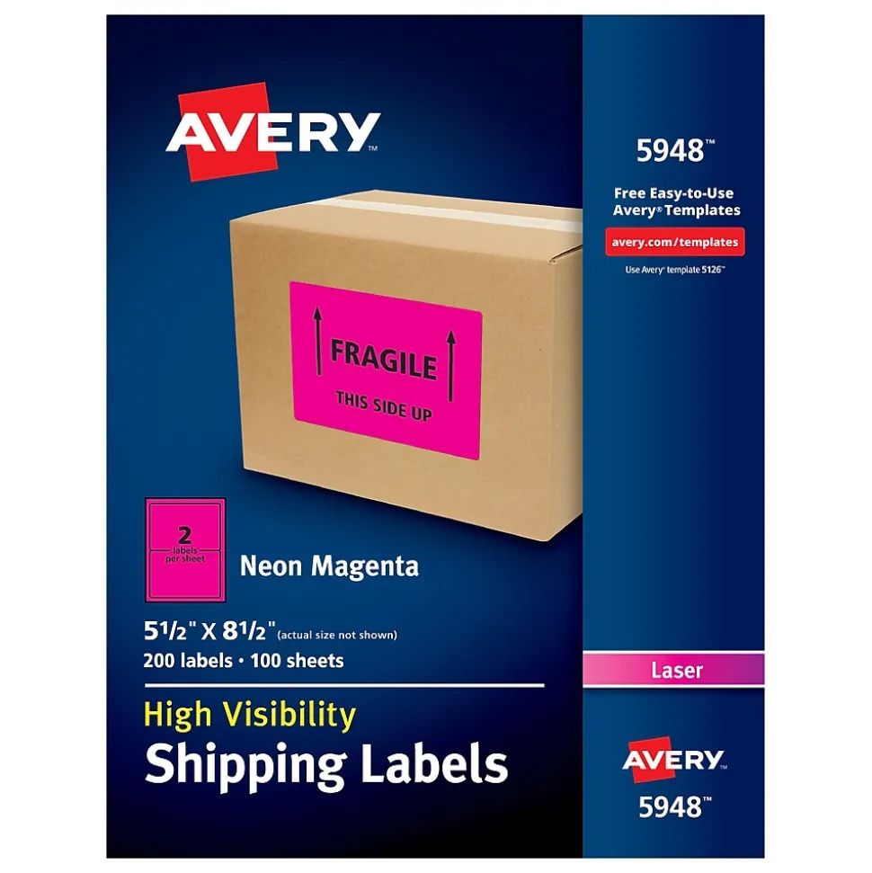 Laser Shipping Labels, 5 1/2" x 8 1/2", Neon Magenta, 200 Labels/Box (5948) | Avery Fashion