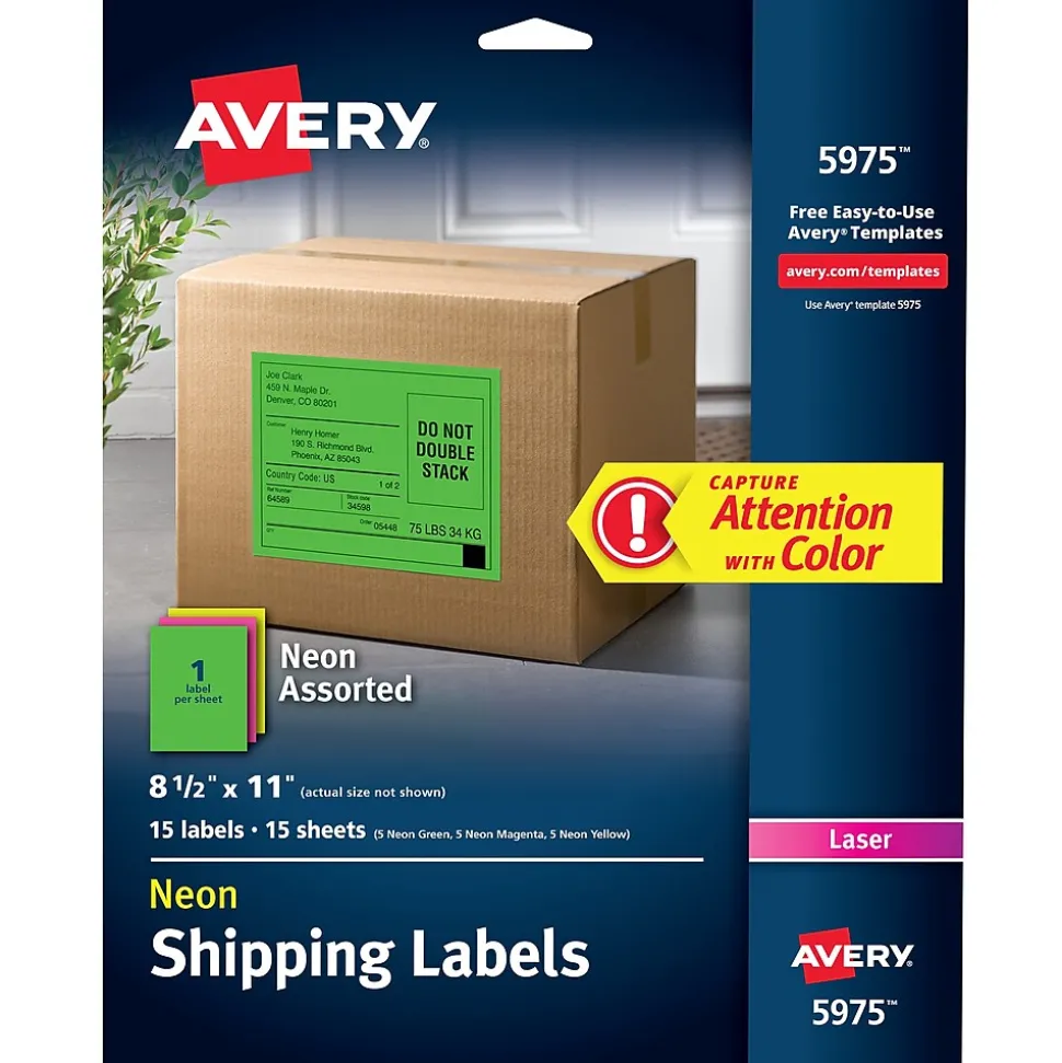 Laser Shipping Labels, 8-1/2" x 11", Assorted Neon, 15 Labels/Pack (5975) | Avery Cheap