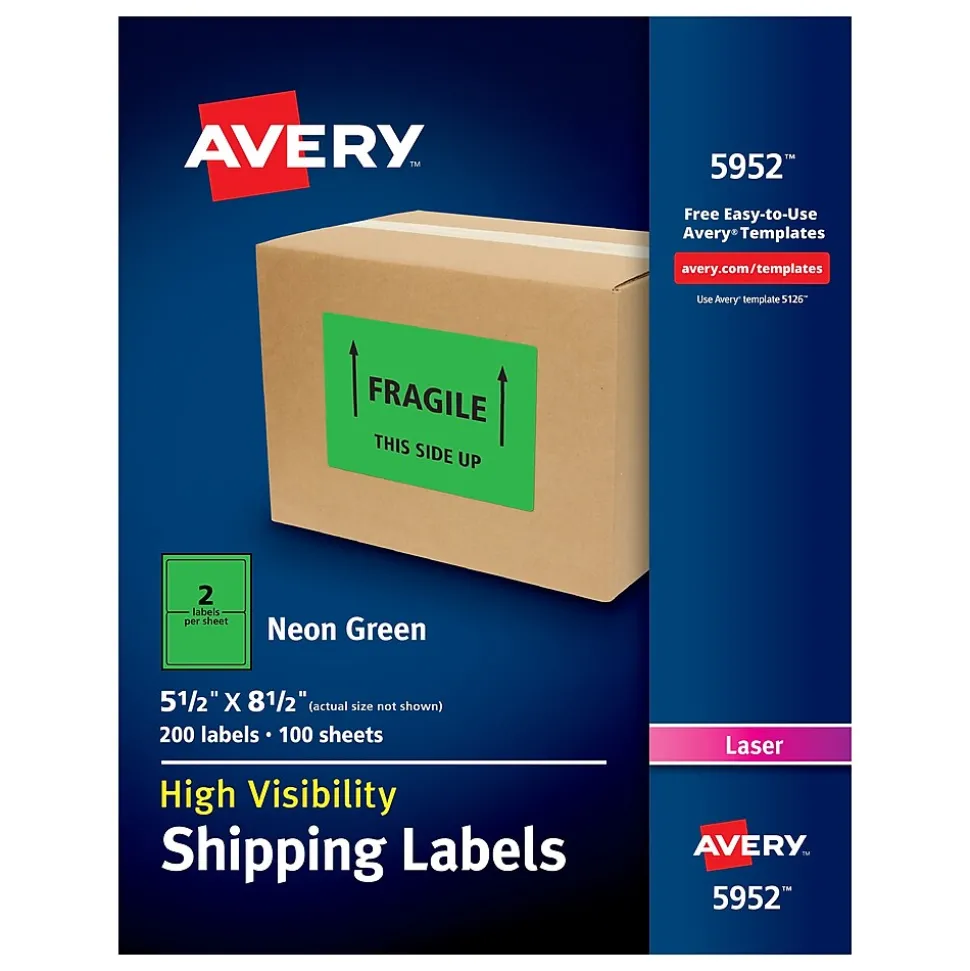 Laser Shipping Labels, 5-1/2" x 8-1/2", Neon Green, 200 Labels/Box (5952) | Avery Sale