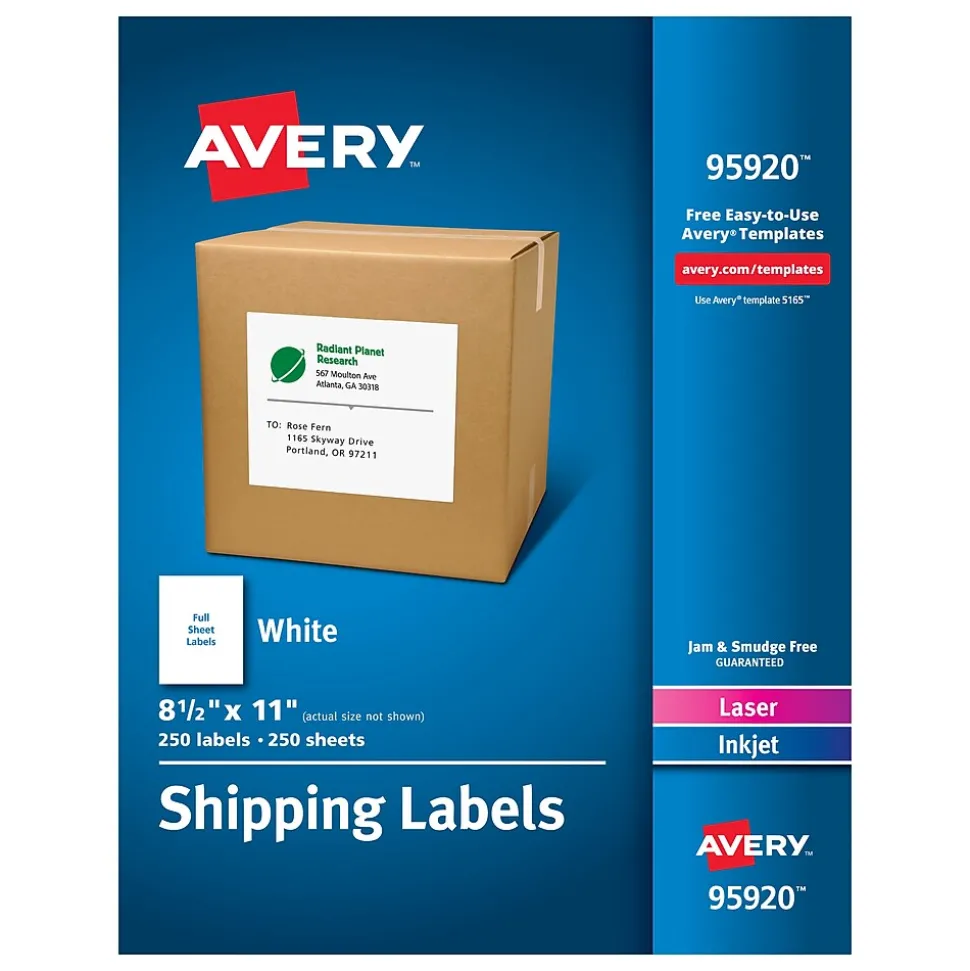 Laser/Inkjet Shipping Labels, 8-1/2" x 11", White, 250 Labels/Box (95920) | Avery Online