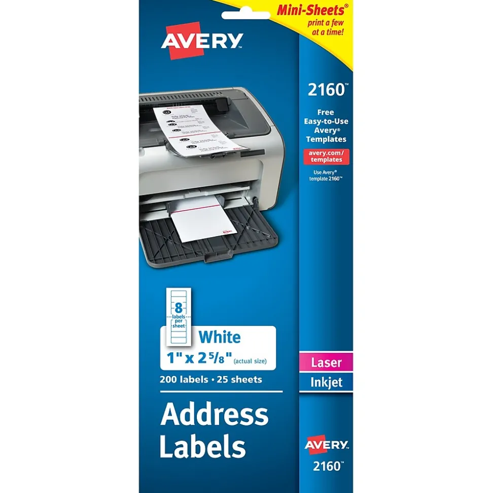 Mini-Sheets Laser/Inkjet Address Labels, 1" x 2-5/8", White, 200 Labels/Pack (2160) | Avery Online