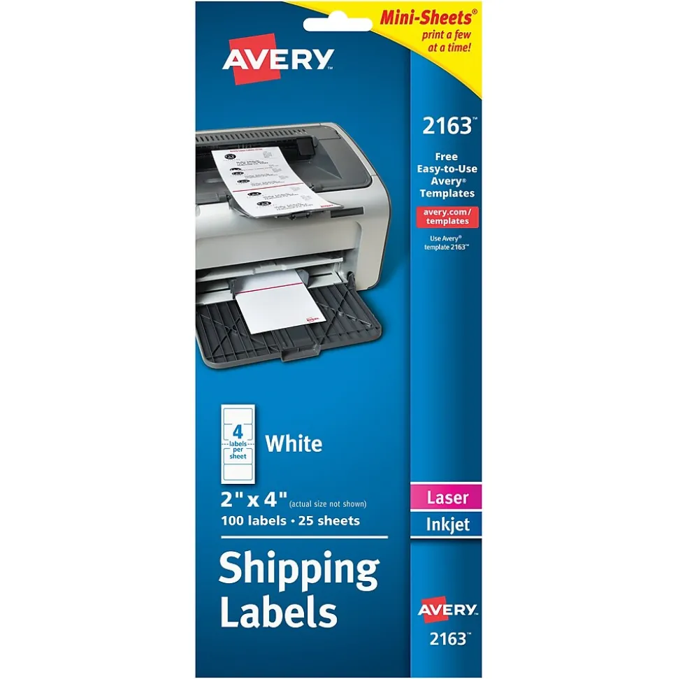 Mini-Sheets Laser/Inkjet Shipping Labels, 2" x 4", White, 100 Labels/Pack (2163) | Avery New