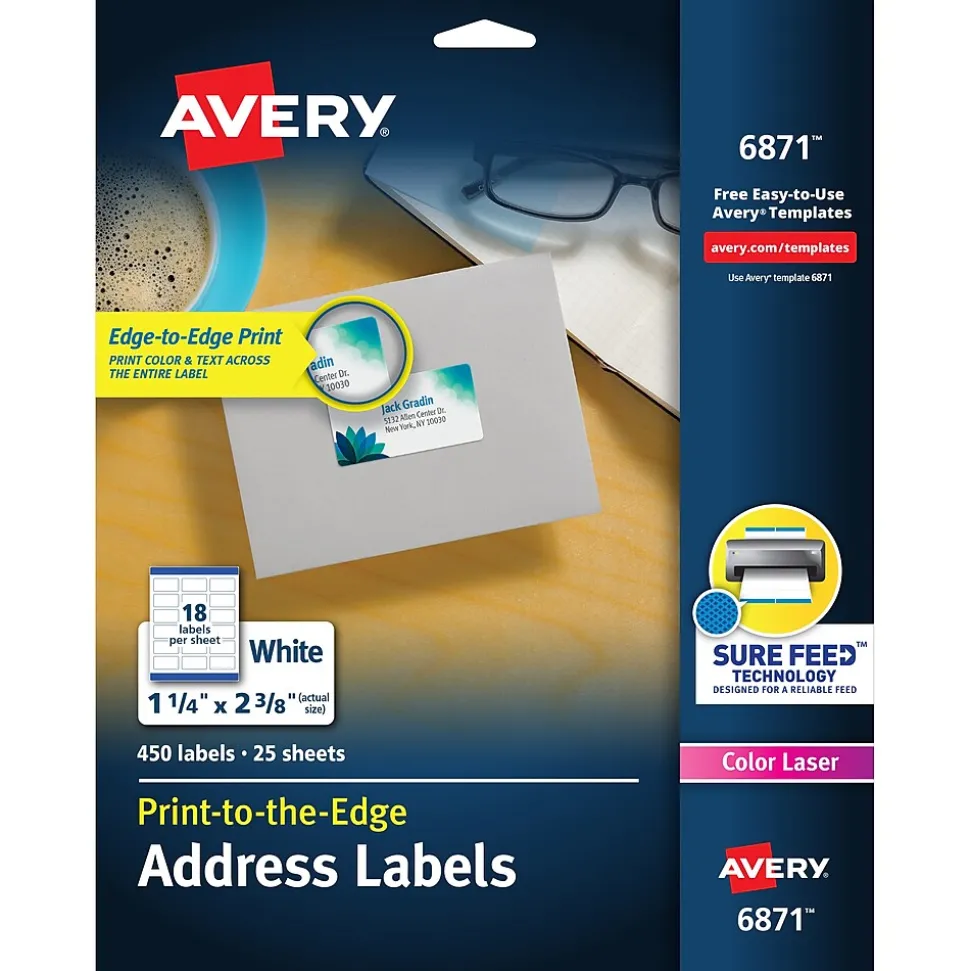 Print-to-the-Edge Laser Address Labels, 1-1/4" x 2-3/8", White, 450 Labels/Pack (6871) | Avery New