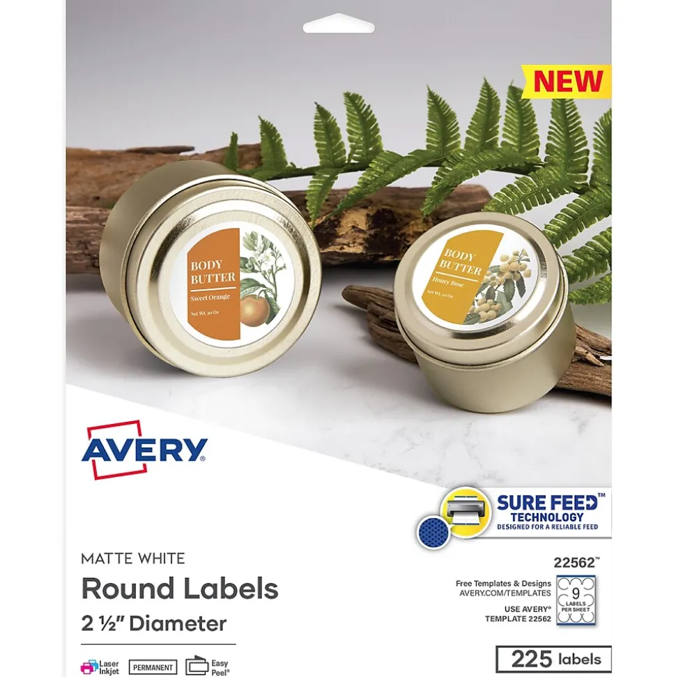 Print-to-the-Edge Laser/Inkjet Round Labels, 2 1/2" Dia, White, 225 Labels/Pack (22562) | Avery Hot