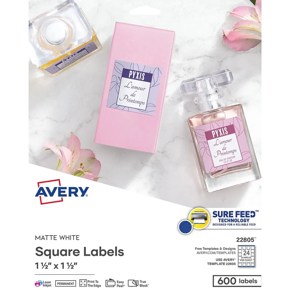 Print-to-the-Edge Laser/Inkjet Square Labels, 1 1/2" x 1 1/2", White, 600 Labels/Pack (22805) | Avery Online