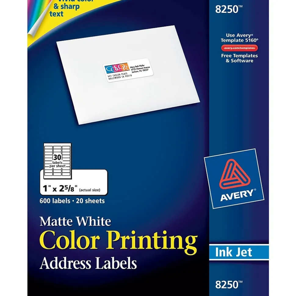 Sure Feed Inkjet Address Labels, 1" x 2-5/8", White, 600 Labels/Pack (8250) | Avery New