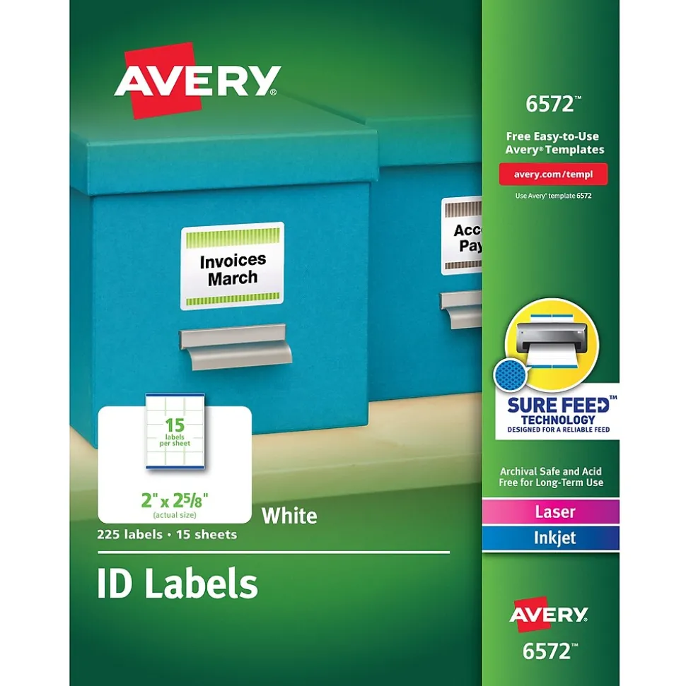 Sure Feed Laser/Inkjet ID Labels, 2" x 2-5/8", White, 225 Labels/Pack (6572) | Avery Cheap