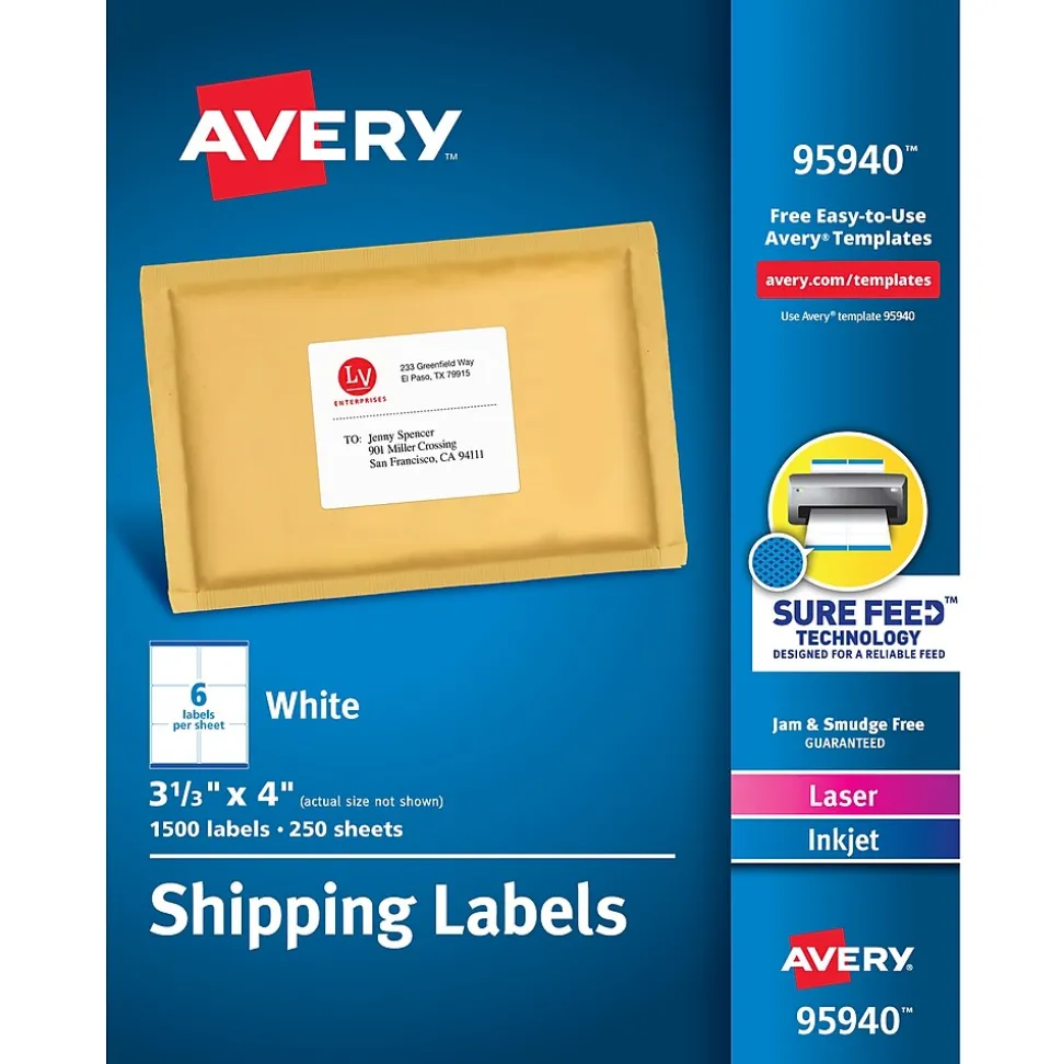 Sure Feed Laser/Inkjet Shipping Labels, 3-1/3" x 4", White, 1,500 Labels/Box (95940) | Avery Cheap