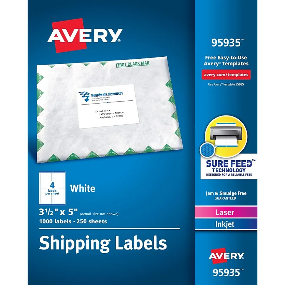 Sure Feed Laser/Inkjet Shipping Labels, 3-1/2" x 5", White, 1,000 Labels/Box (95935) | Avery Flash Sale